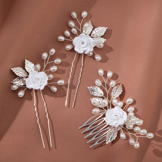 Handmade Hair Pin Set - Vintage Pearl Flower Comb