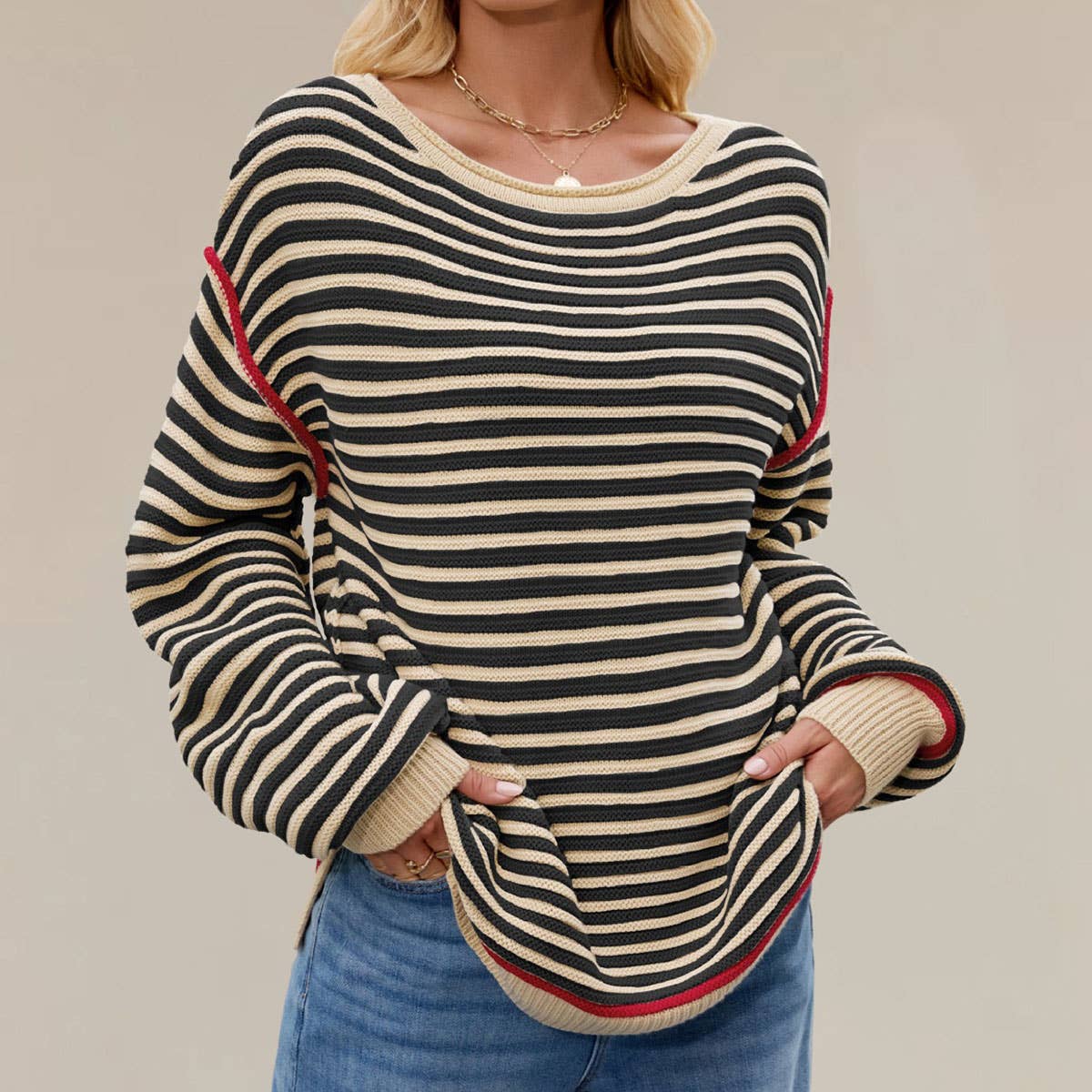 Striped knitted round-neck long-sleeved sweater