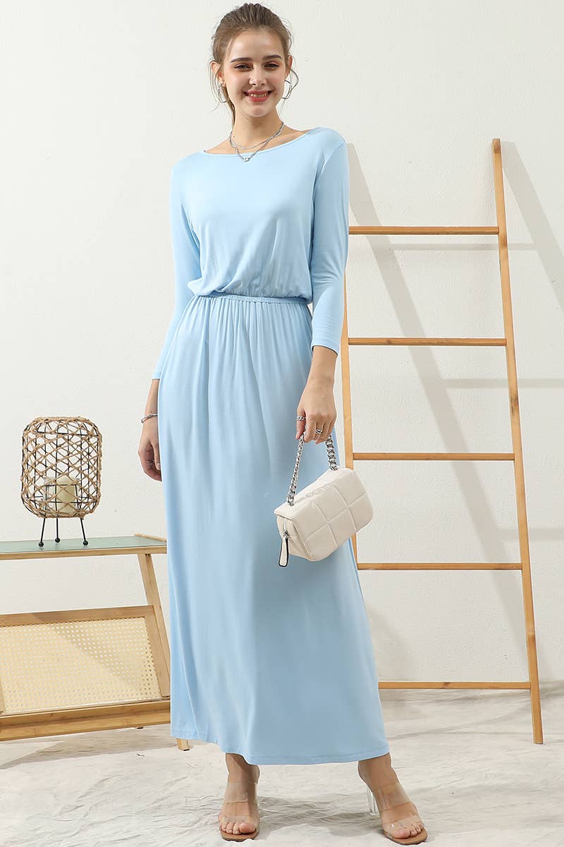 CWDMD797_ROUND NECK WAIST BANDED MAIX LONG SOLID DRESS