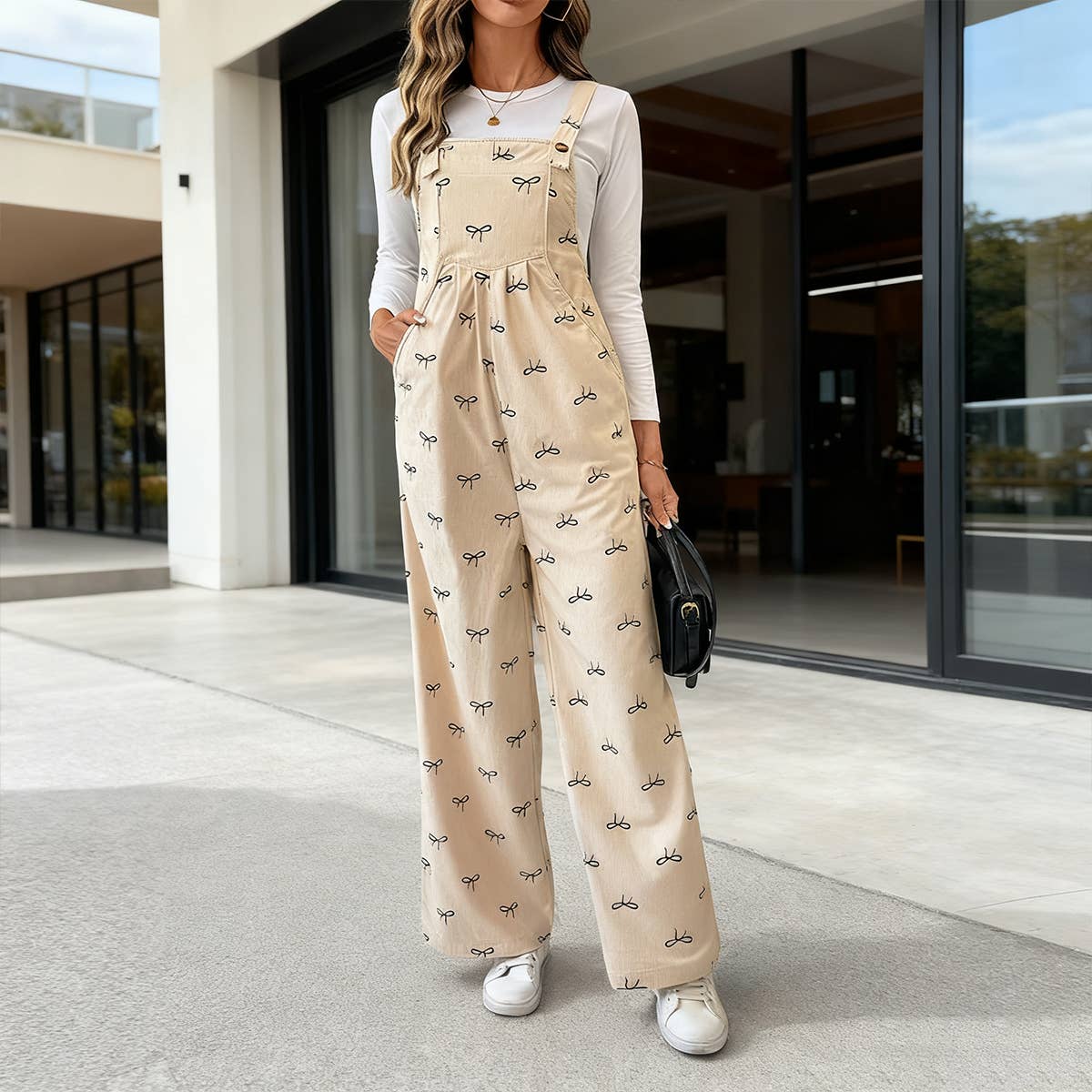 Bow-printed wide-leg one-piece overalls
