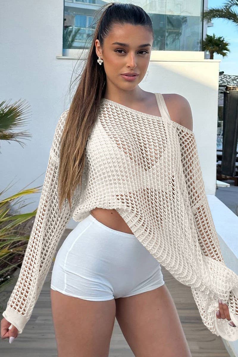 CWTBLL3409_MESH OPENWORK KNIT BEACH SUN PROTECTION COVER-UP