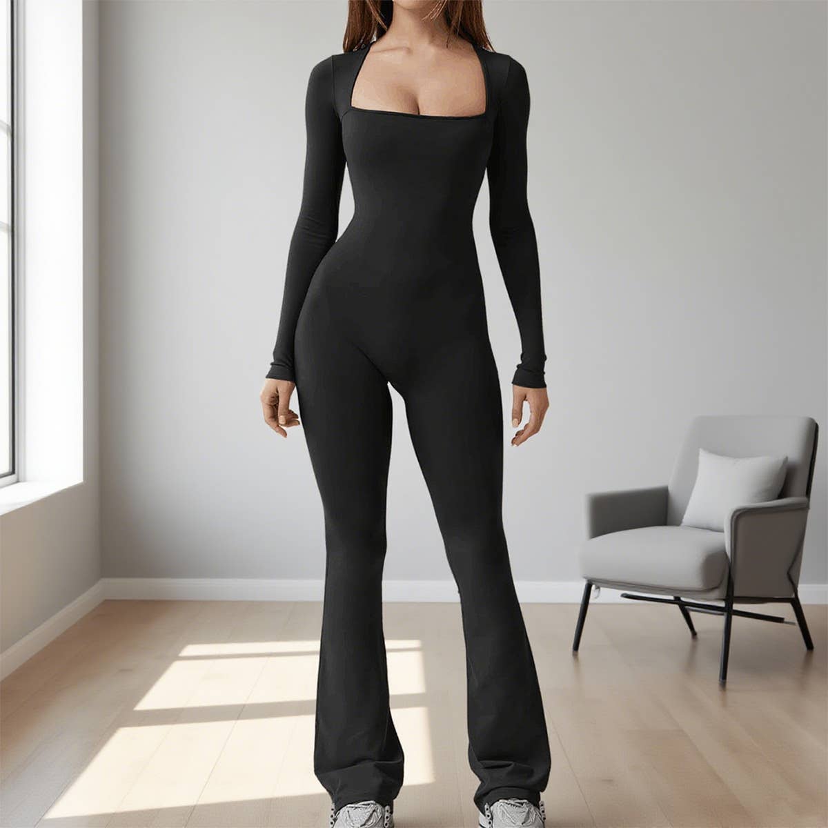 Lift hip square neck wide leg high jump jumpsuit