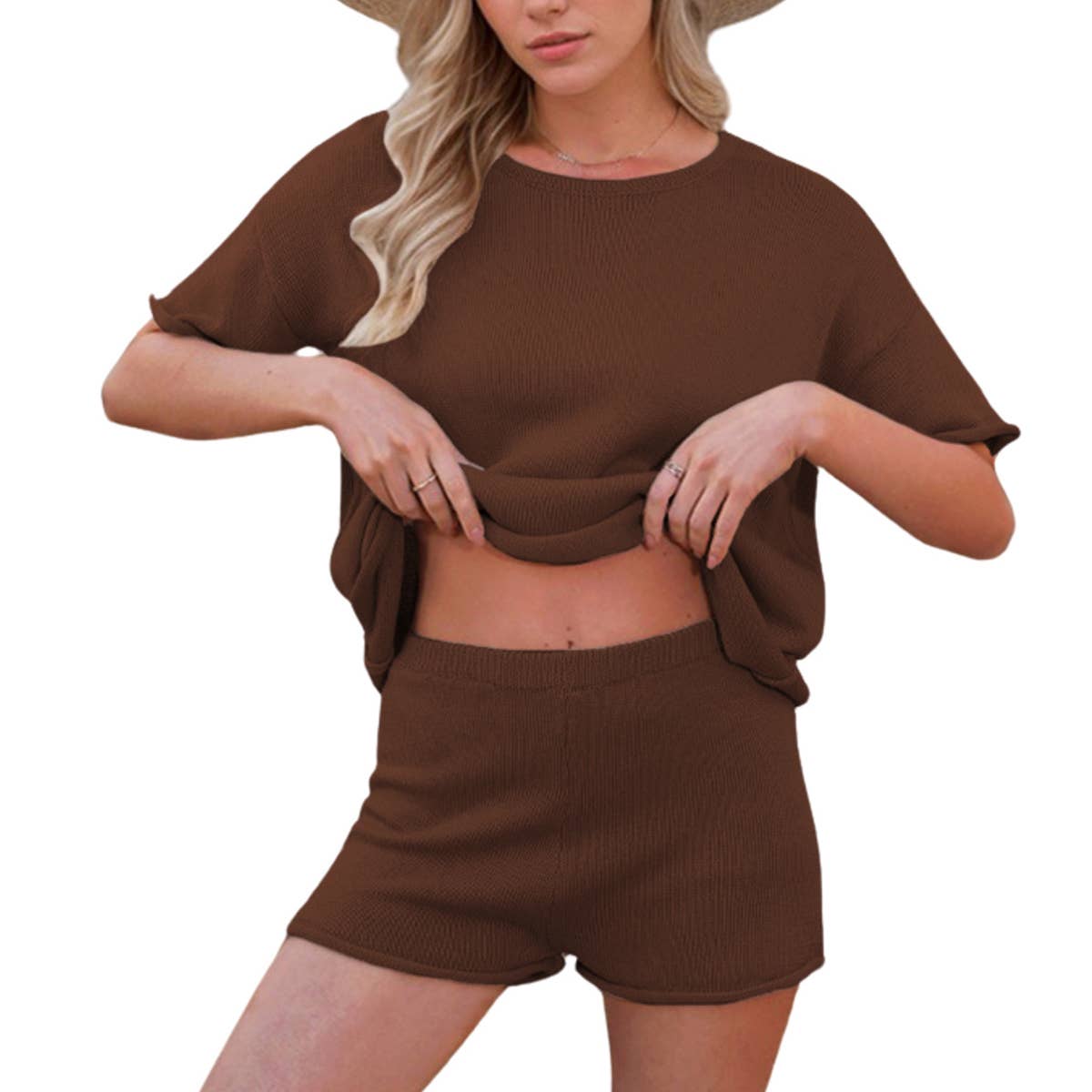 Loose crew neck short sleeve shorts knit suit