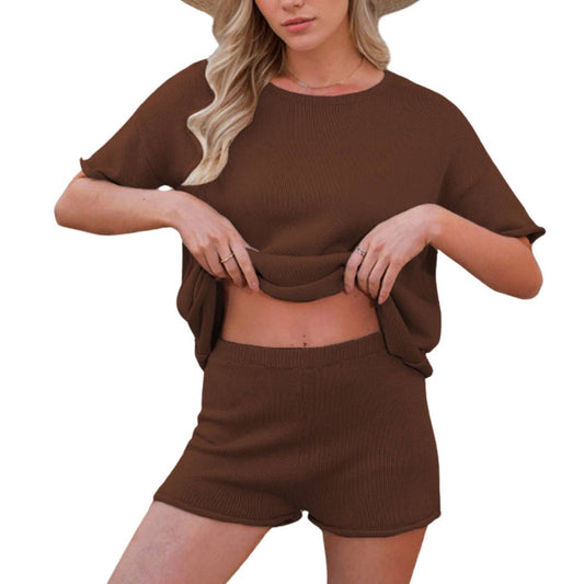 Loose crew neck short sleeve shorts knit suit