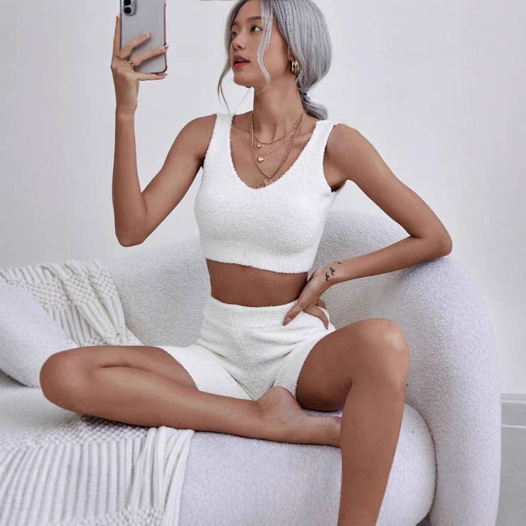 Plush V-neck sexy crop top and shorts set