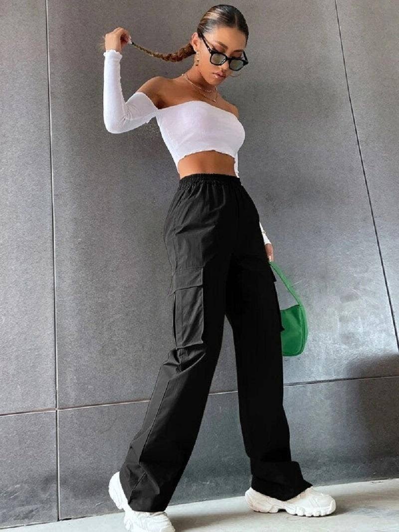 SOLID COLOR HIGH-WAISTED POCKET CARGO PANTS