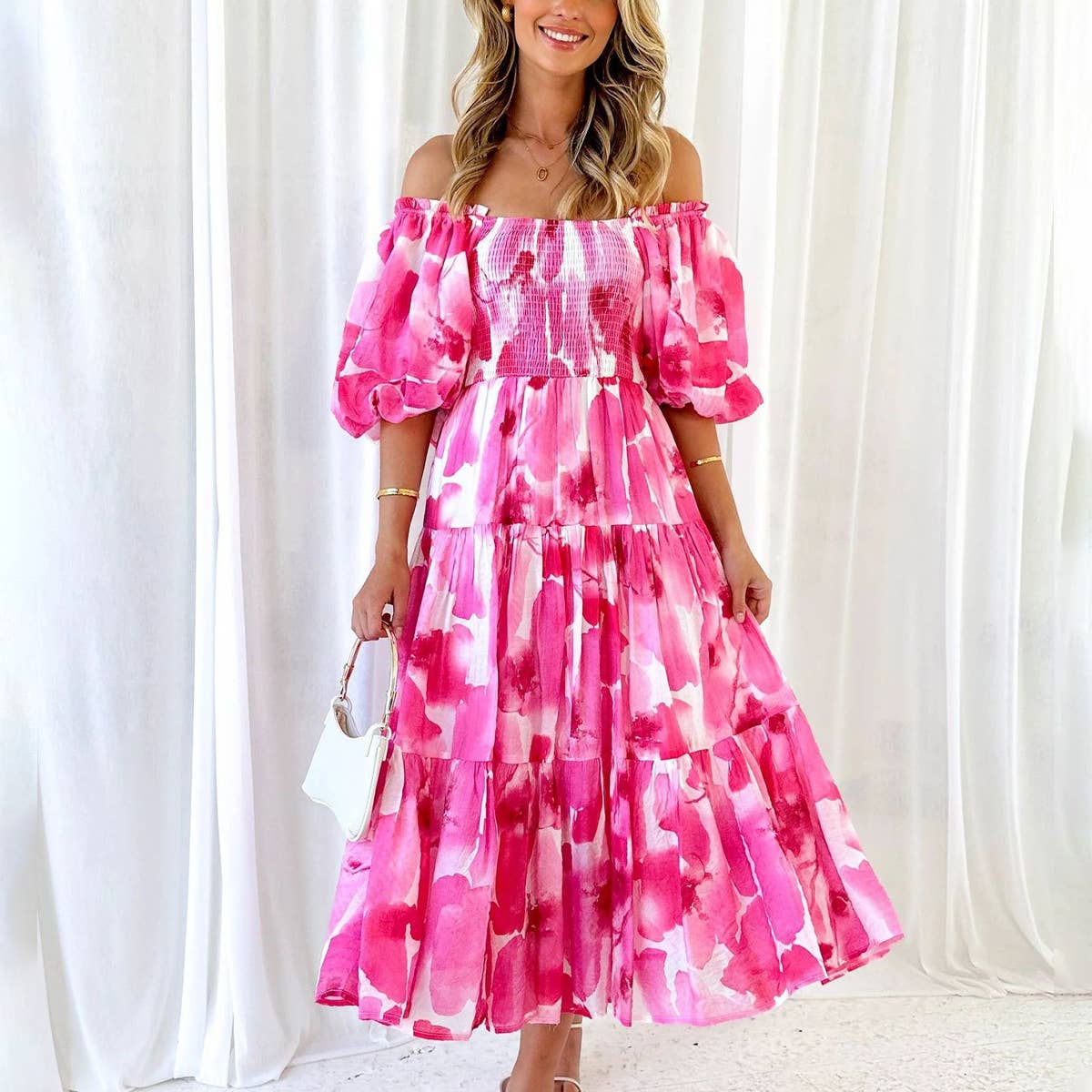 PRINT FRENCH CAKE DRESS WITH PUFF SLEEVES