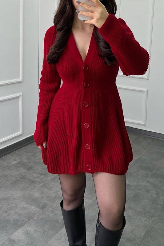 CWDSD10835_V-NECK SOLID LONG SLEEVE SWEATER DRESS