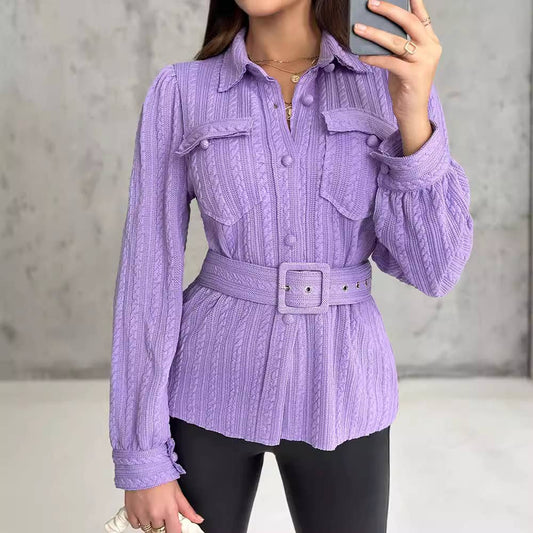 LONG SLEEVE TEXTURED FABRIC LAPEL AND BELT SHIRT