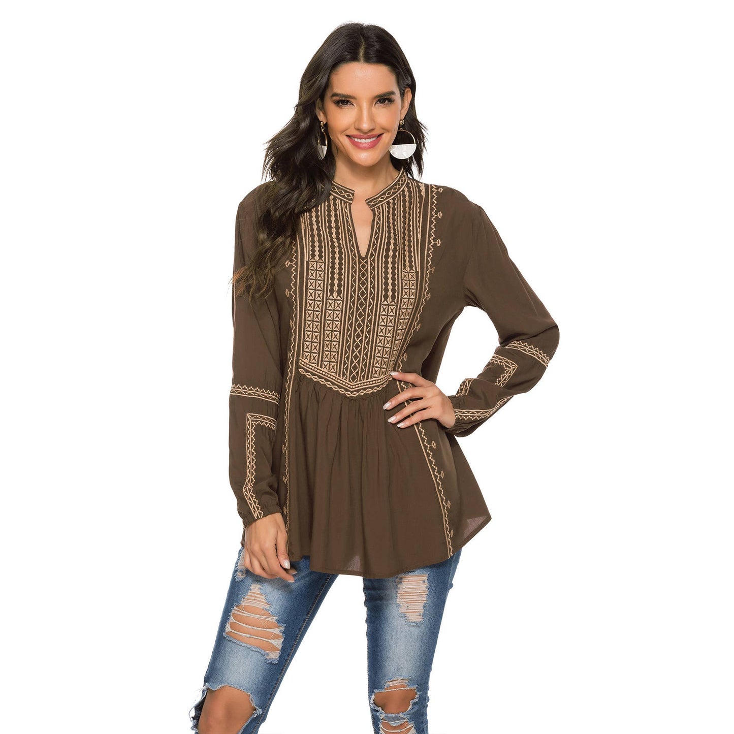 Ethnic style long-sleeved heart-neck top