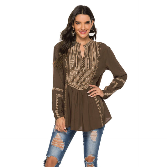 Ethnic style long-sleeved heart-neck top