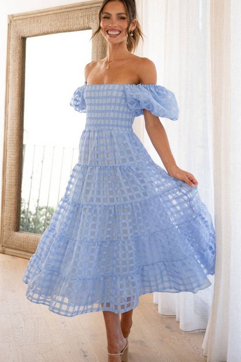 CWDMD5648_OFF SHOULDER LANTERN SLEEVE TIERED RUFFLE DRESS