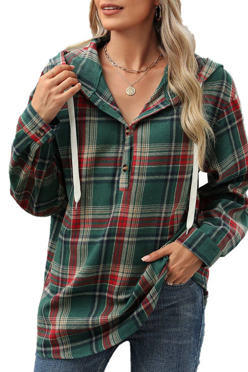 CWOHOL1113_AUTUMN AND WINTER PLAID LOOSE HOODED SWEATSHIRT