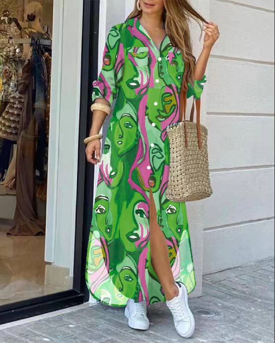 FASHION LONG-SLEEVED PRINTED SHIRTDRESS