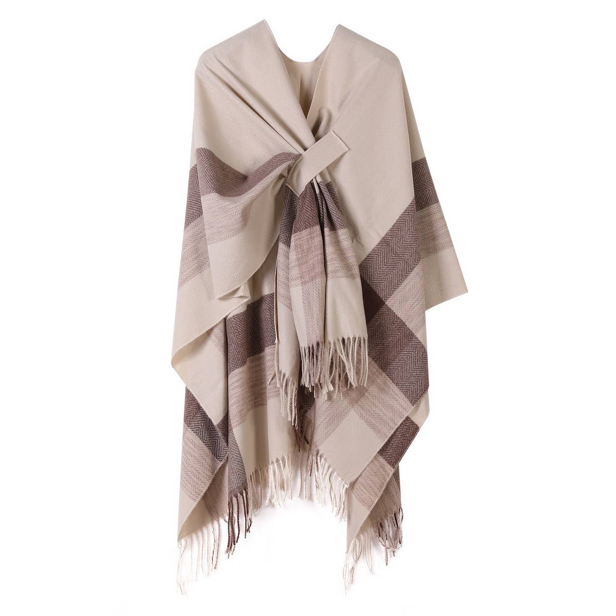 FRINGED CAPE FIXED TIE SHAWL FAUX CASHMERE SCARF