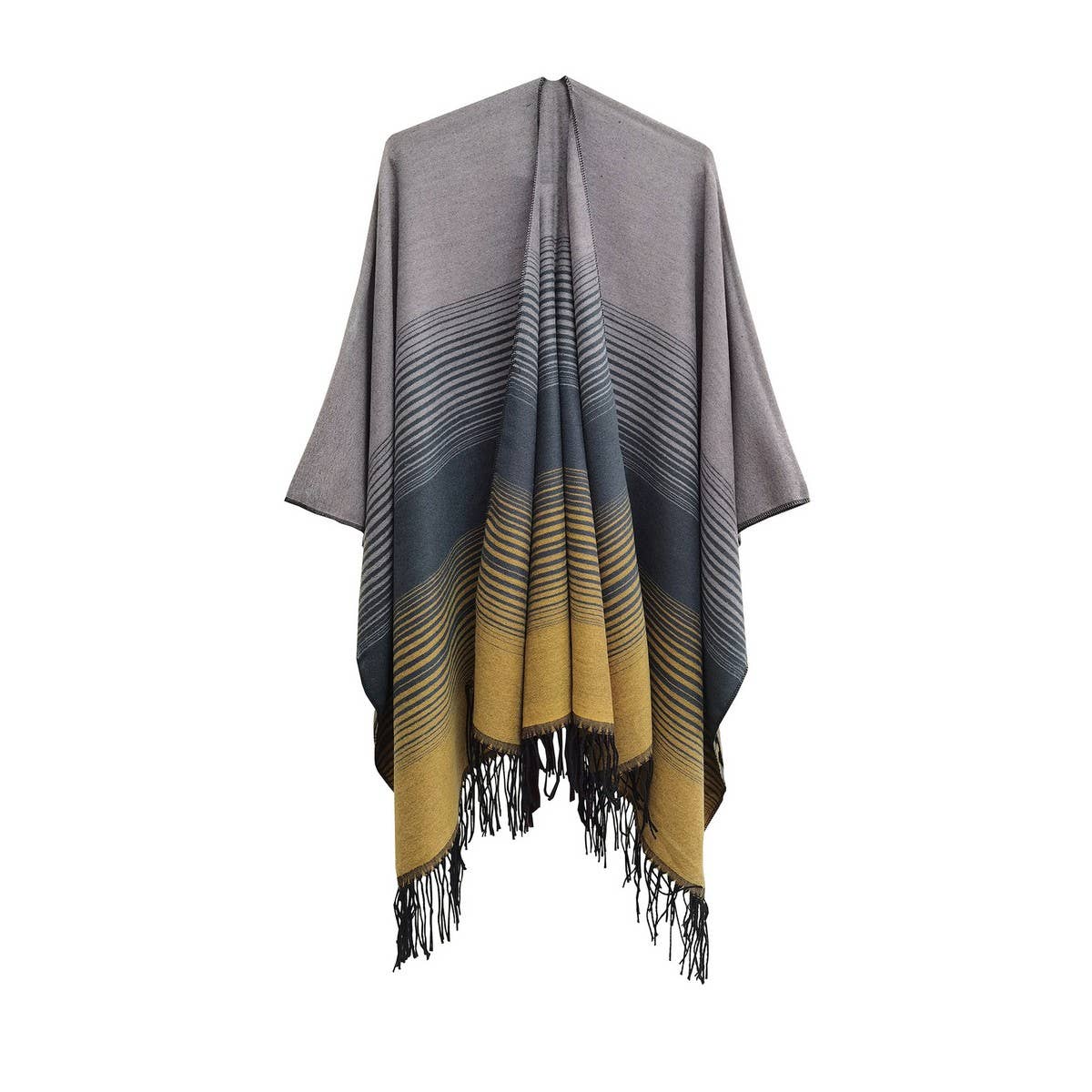 GRADIENT FINE LINES TASSELS WARM SHAWL CLOAK