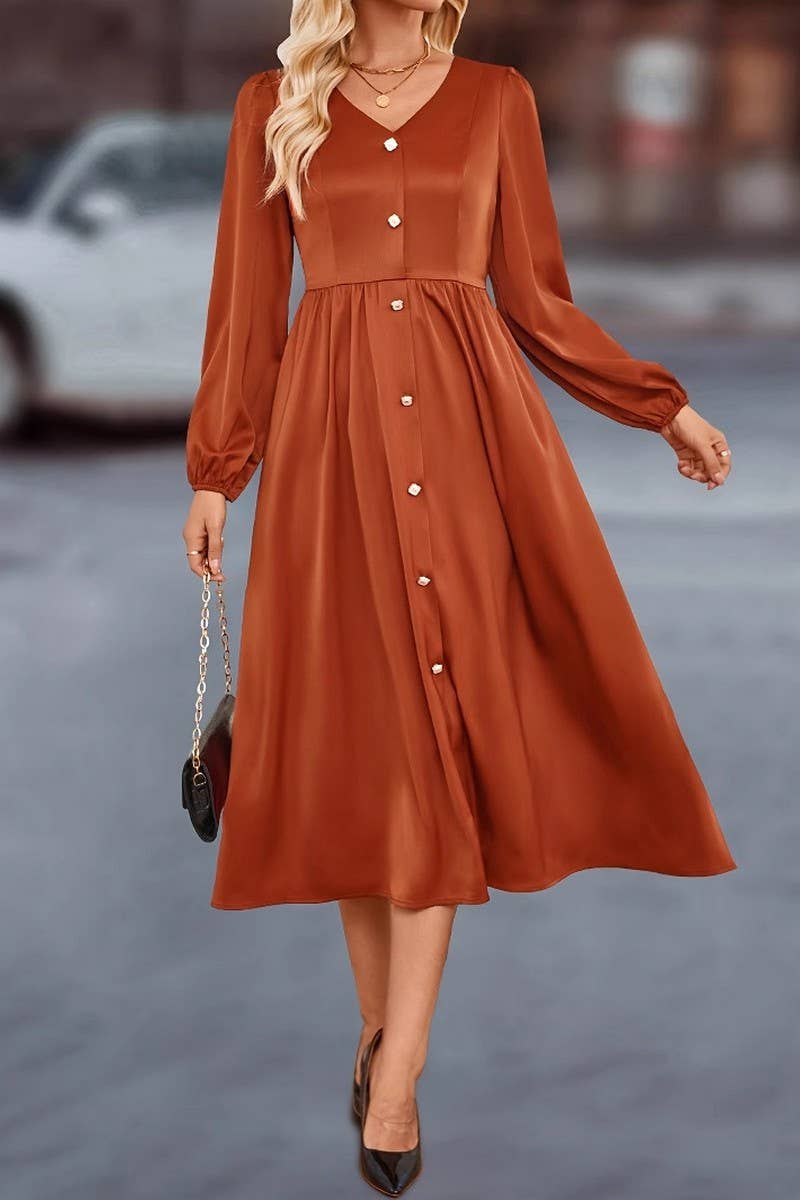 CWDMD5032_TEMPERAMENT BUTTONED V-NECK SHIRT DRESS
