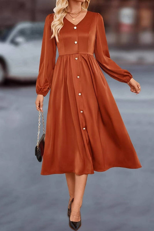 CWDMD5032_TEMPERAMENT BUTTONED V-NECK SHIRT DRESS