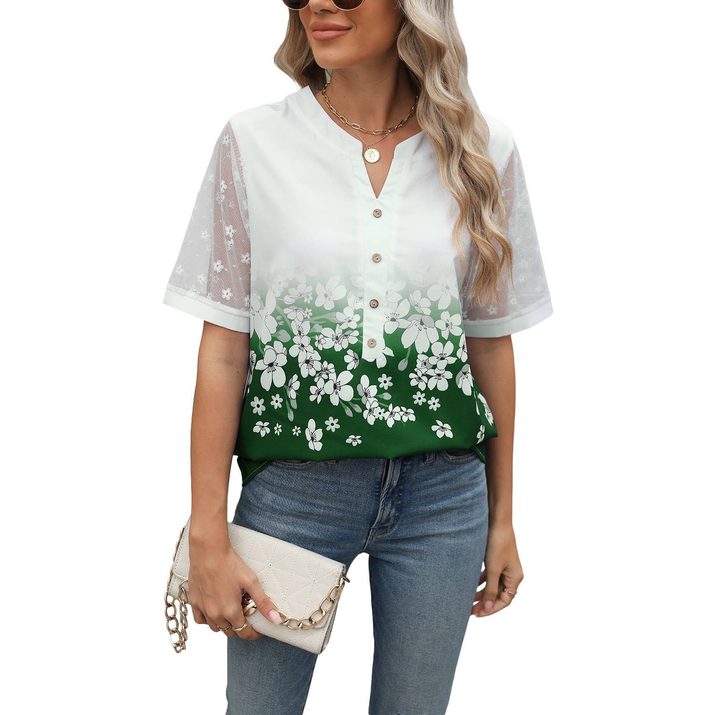 Patchwork Lace Sleeve V-Neck Print Chiffon Shirt