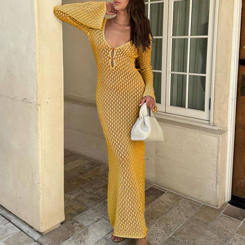 V-Neck Long Sleeve Fit Solid Hollow-Out Dress