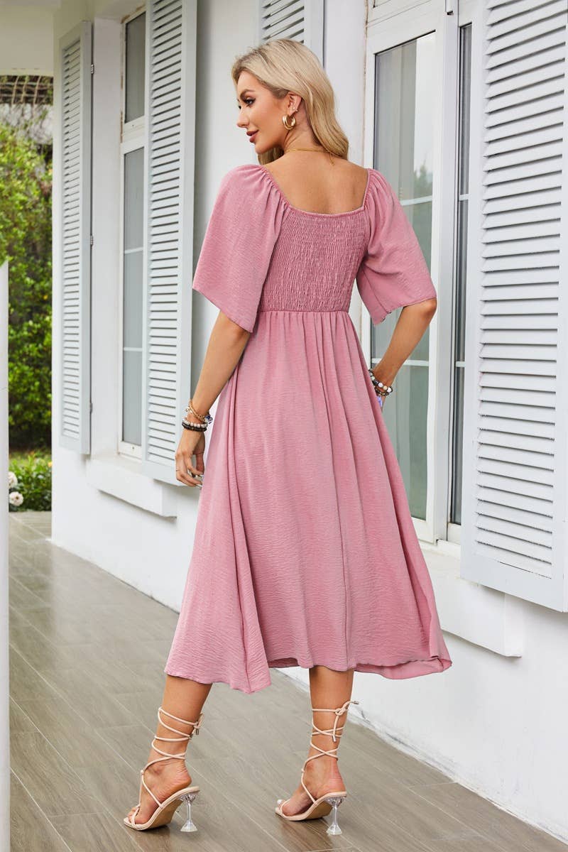 V-neck bow pleated mid-length short-sleeved dress