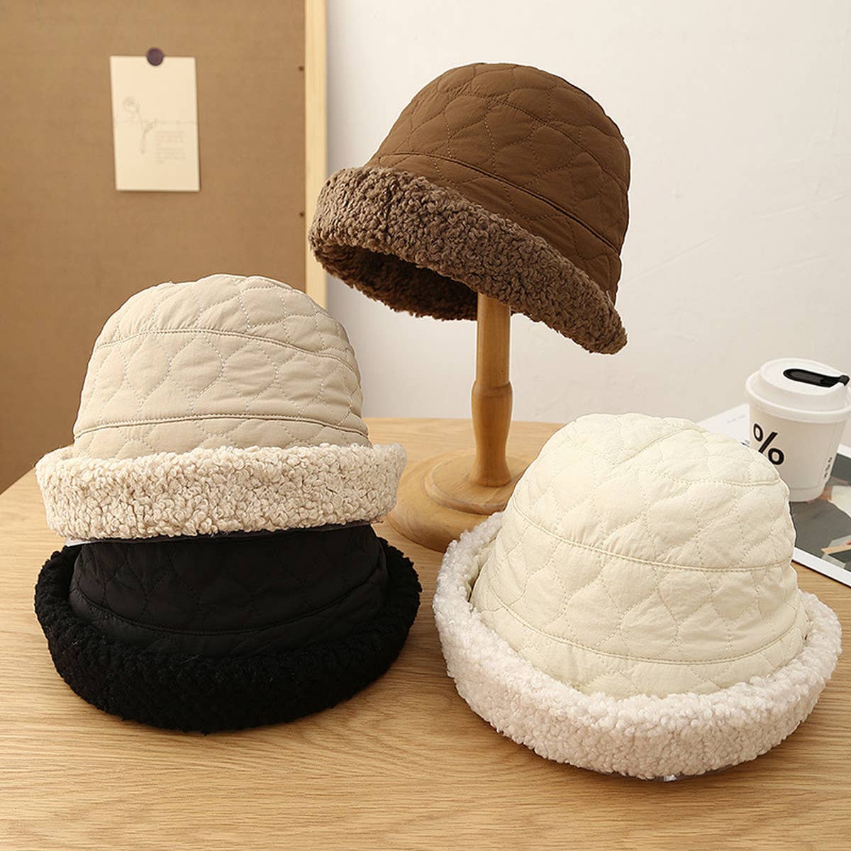 CASUAL ROLLED HEM THICKENED PATCHWORK BUCKET HAT_CWAB2861