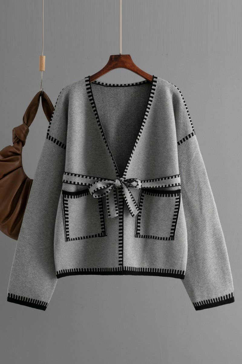 CWOCAL00666_TIE WAIST LONG SLEEVE CASUAL KNIT CARDIGAN