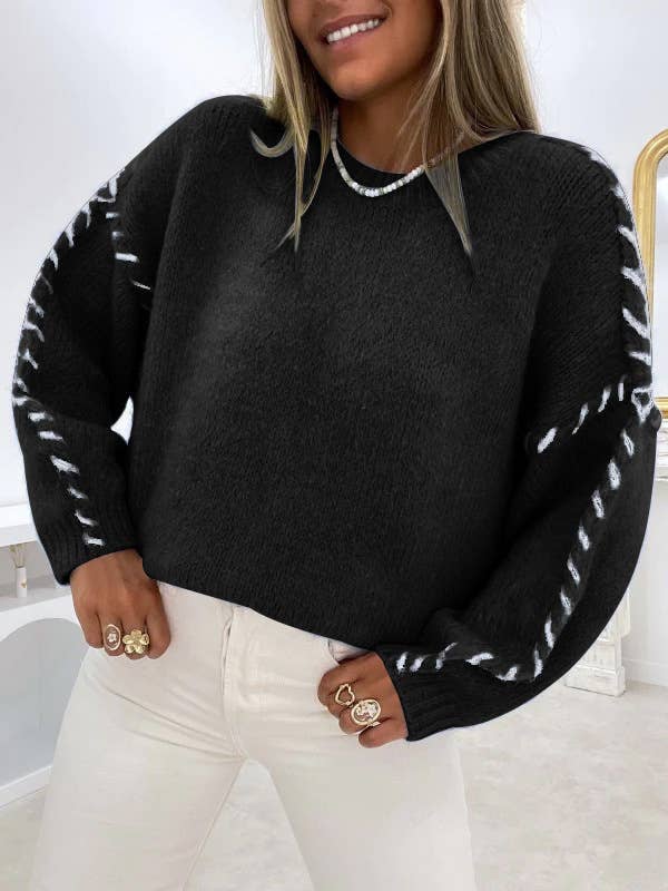 Round neck stitch design loose pullover sweater