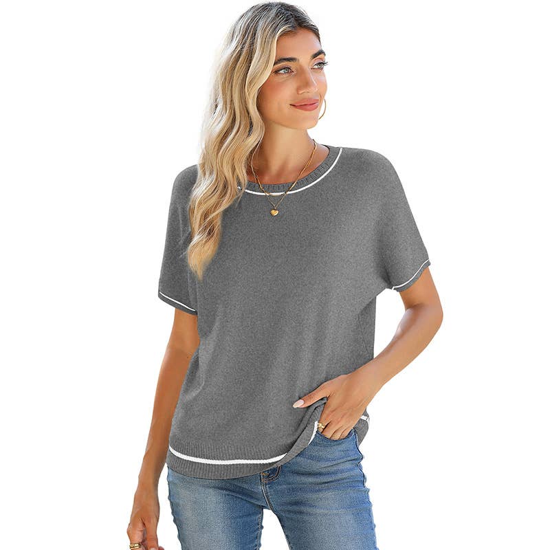 Round-neck,short-sleeved, color-blocked sweater