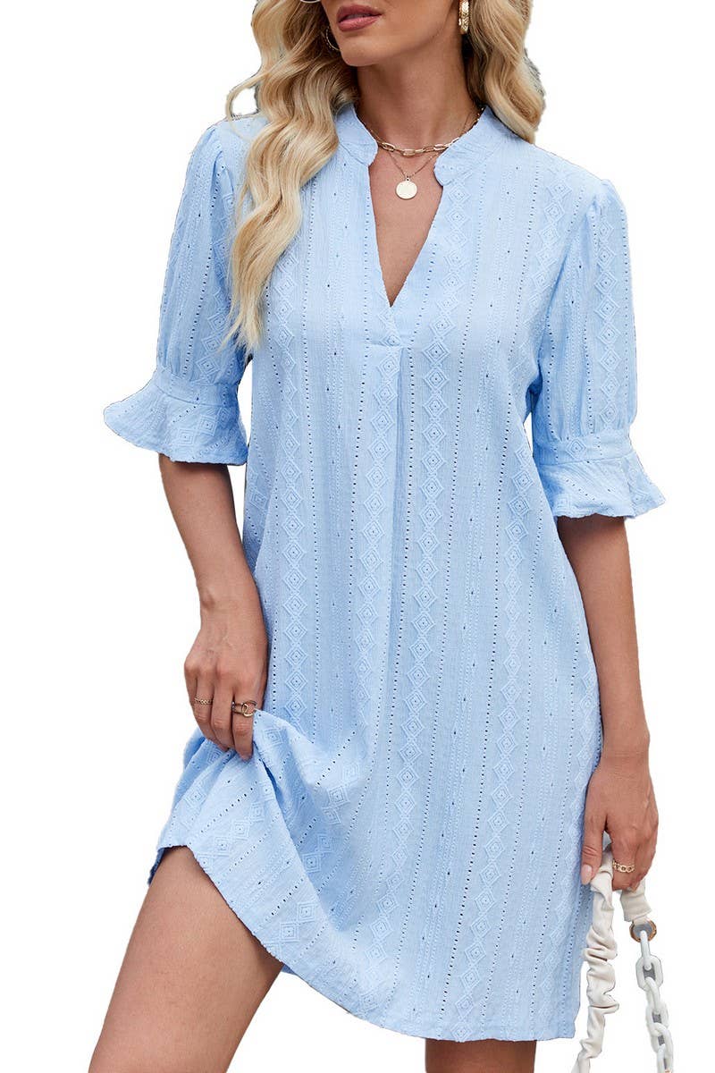 CWDSD7277_V-NECK CASUAL TRUMPET SLEEVE SHORT-SLEEVED DRESS