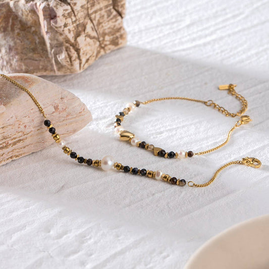 18K Gold Pearl & Natural Black Onyx Bracelet_CWAJE4889