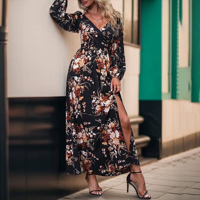 Long-sleeved V-neck cinched waist printed dress