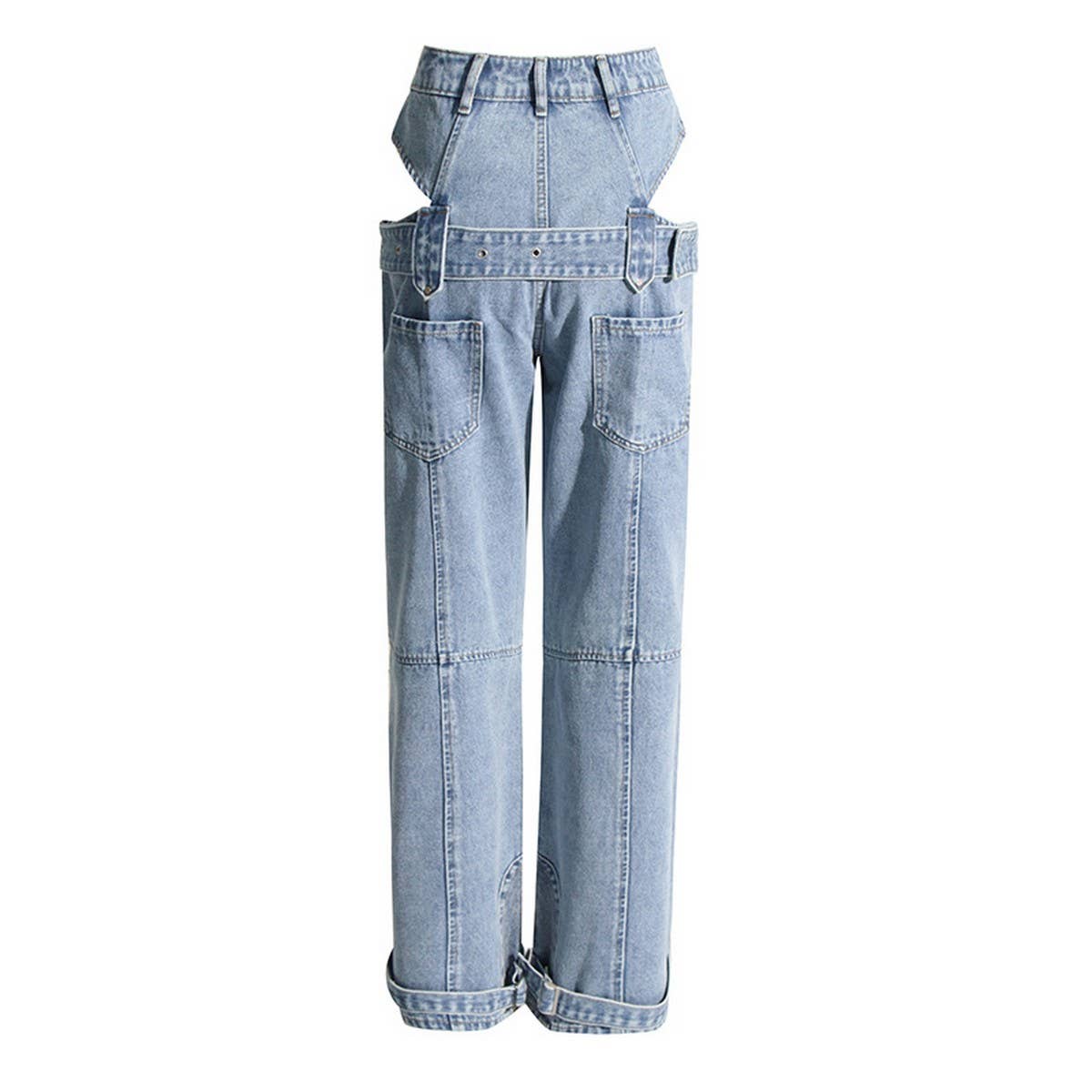 HIGH WAISTED HOLLOW EXPOSED WAIST SOLID COLOR JEANS