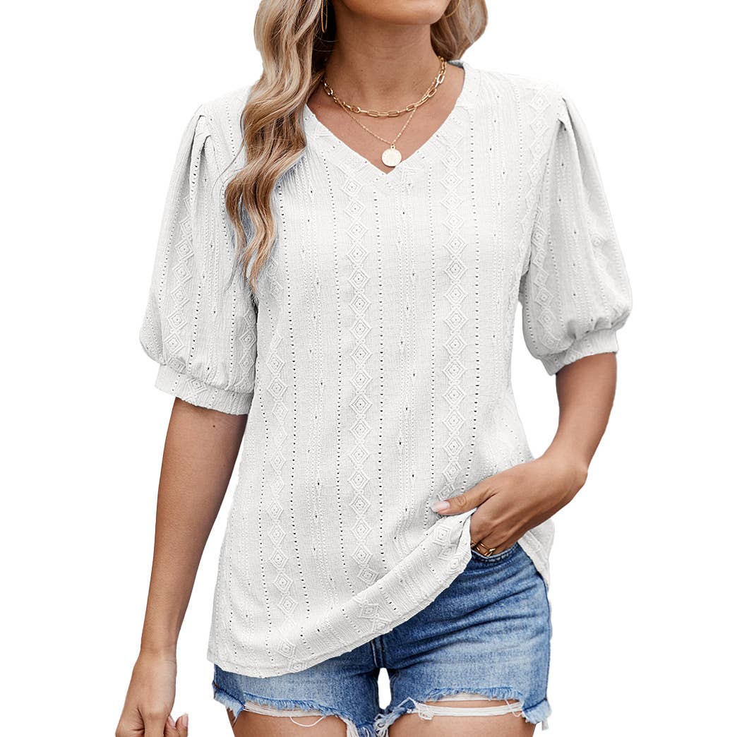 Solid color V-neck cutout puffy sleeve T-shirt