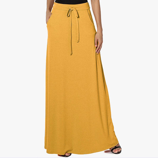 Casual solid color drawstring long skirt
