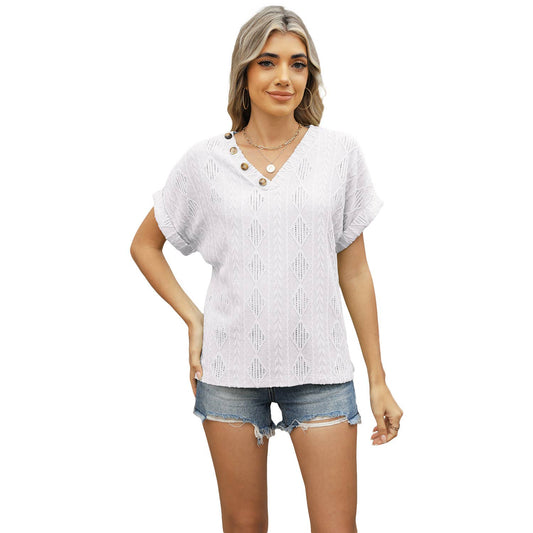 V-neck jacquard loose cutout button T-shirt