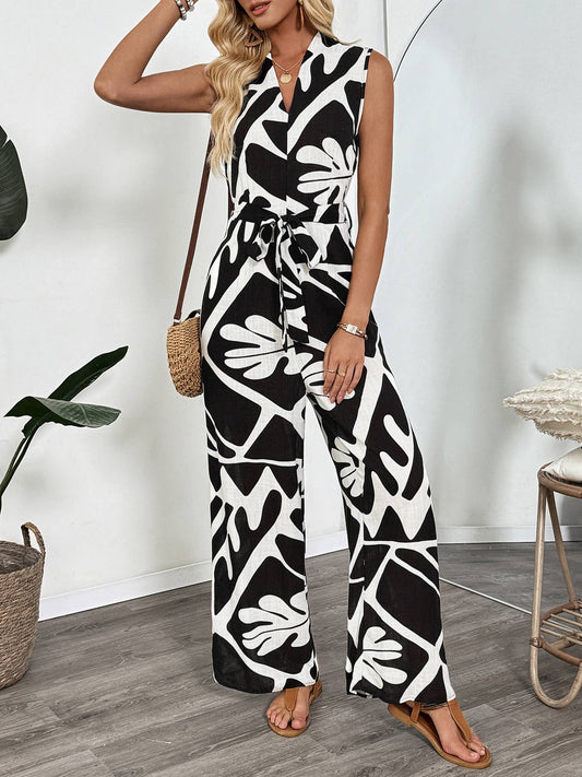 V-neck commuter sleeveless printed jumpsuit