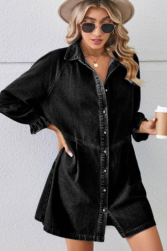 Loose wash long sleeve denim single breasted short dress