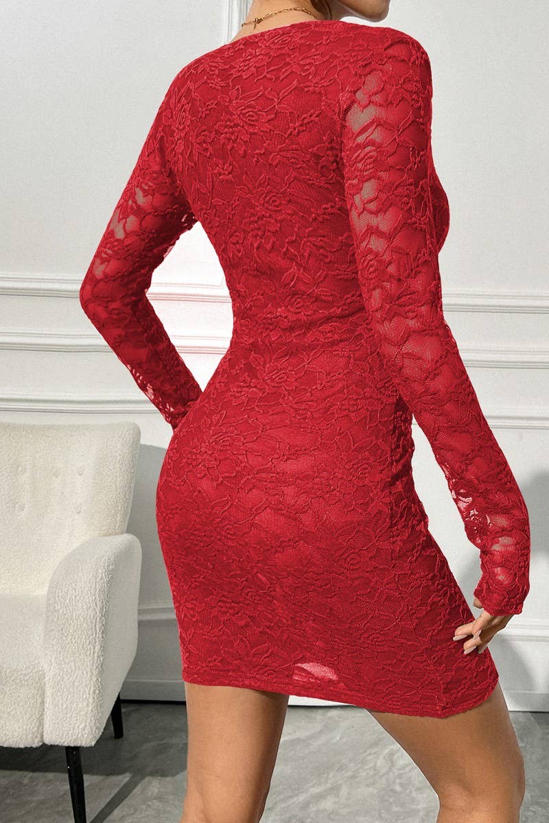 CWDSD8289_SEXY V-NECK LACE FITTED LONG SLEEVE PARTY DRESS