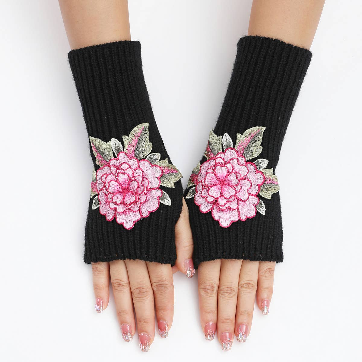 FLOWER WARM KNITTED WOOL GLOVES AND SLEEVES_CWAG0109