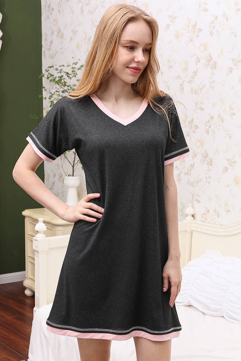 CWDSD10385_V-NECK SHORT SLEEVE SLEEPWEAR DRESS