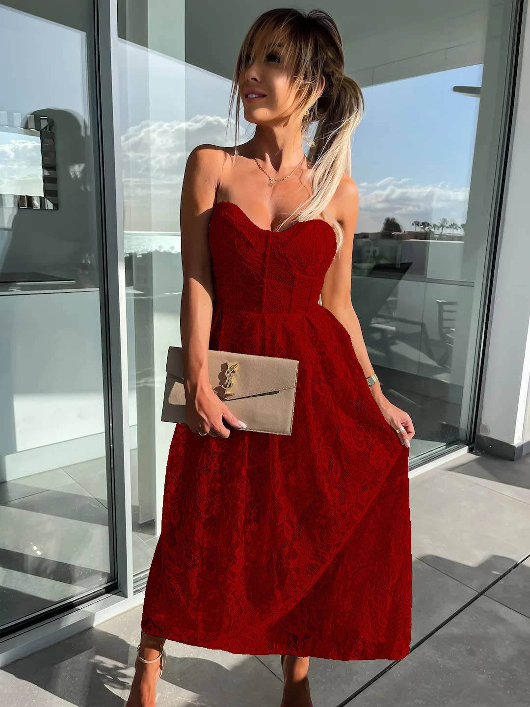 SEXY BREAST WRAP LACE LONG SOLID COLOR DRESS