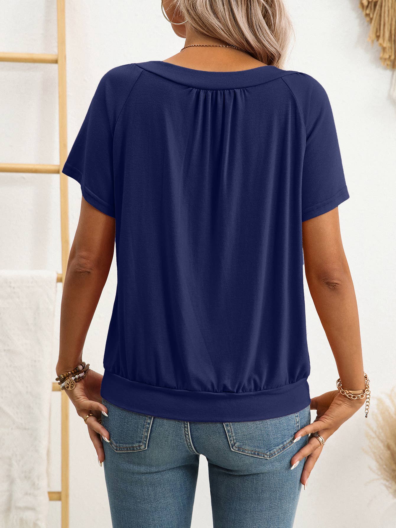 V-neck pleated loose short-sleeved cotton Top