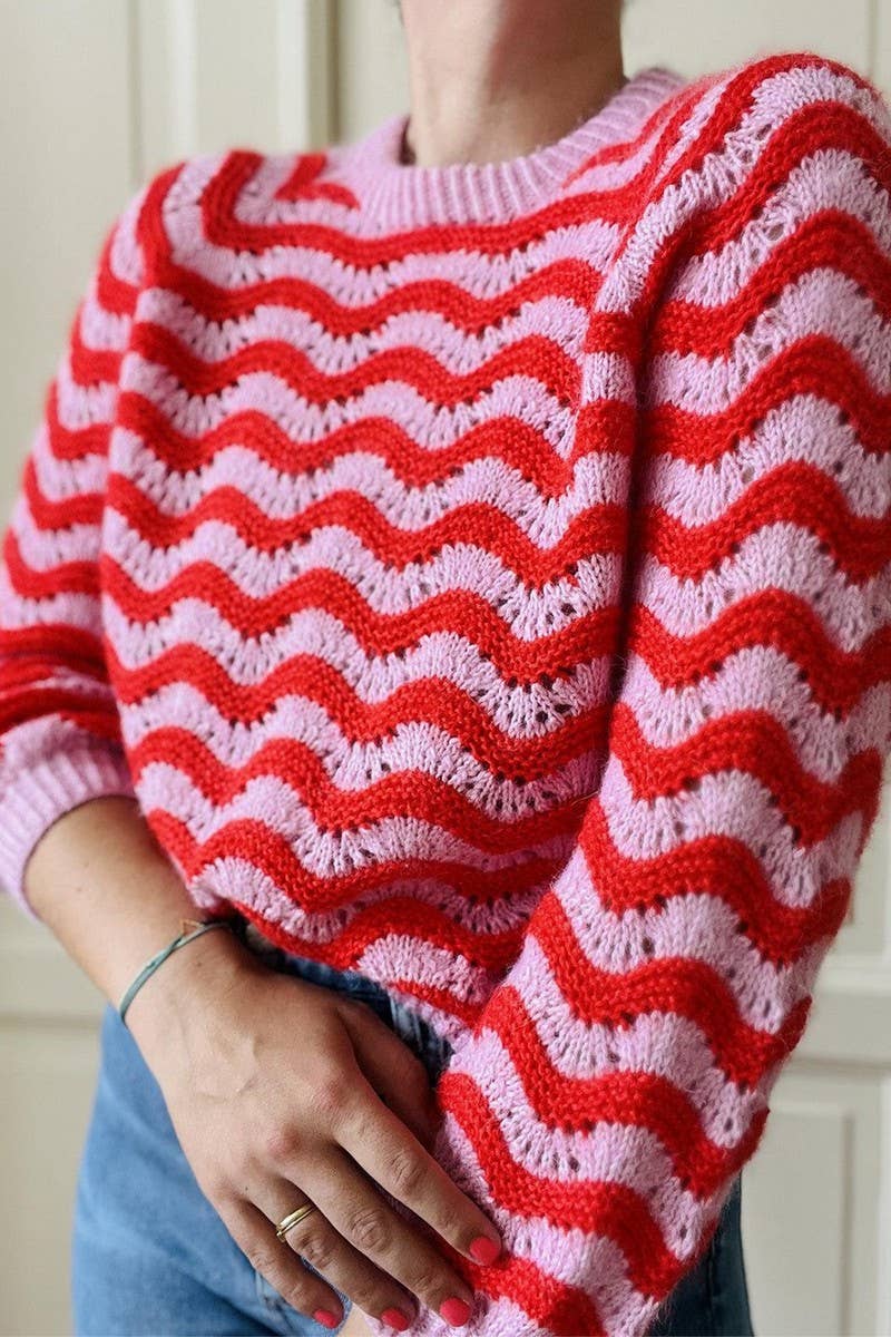 CWOSWL07449_CREW NECK WAVY STRIPE CASUAL KNIT SWEATER