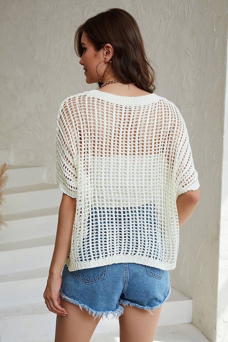 Fishnet knit ribbed crew neck short-sleeved smock