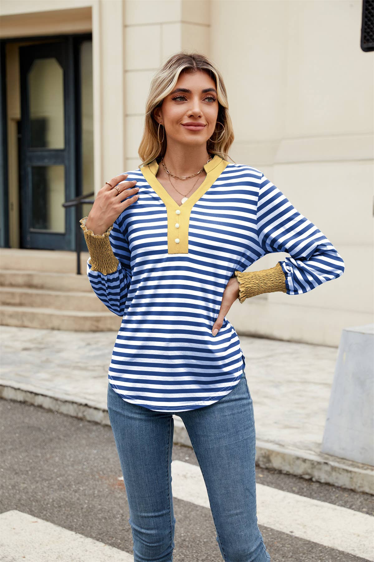 V-neck long-sleeved striped color-blocked top