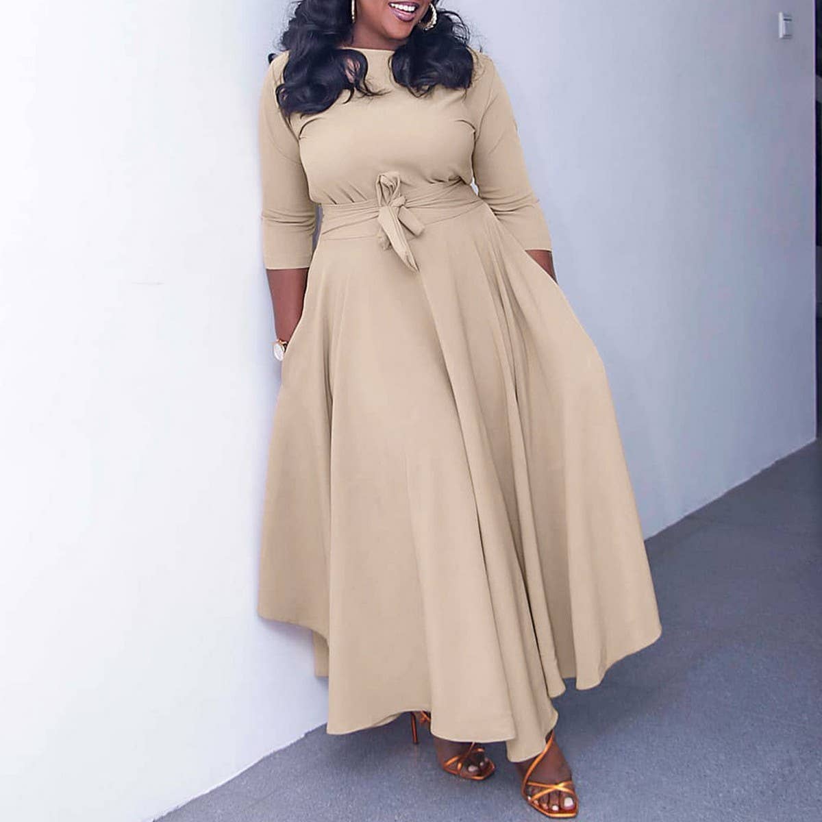 FASHIONABLE AND ELEGANT LACE-UP PLUS SIZE DRESS_CWDMD3654