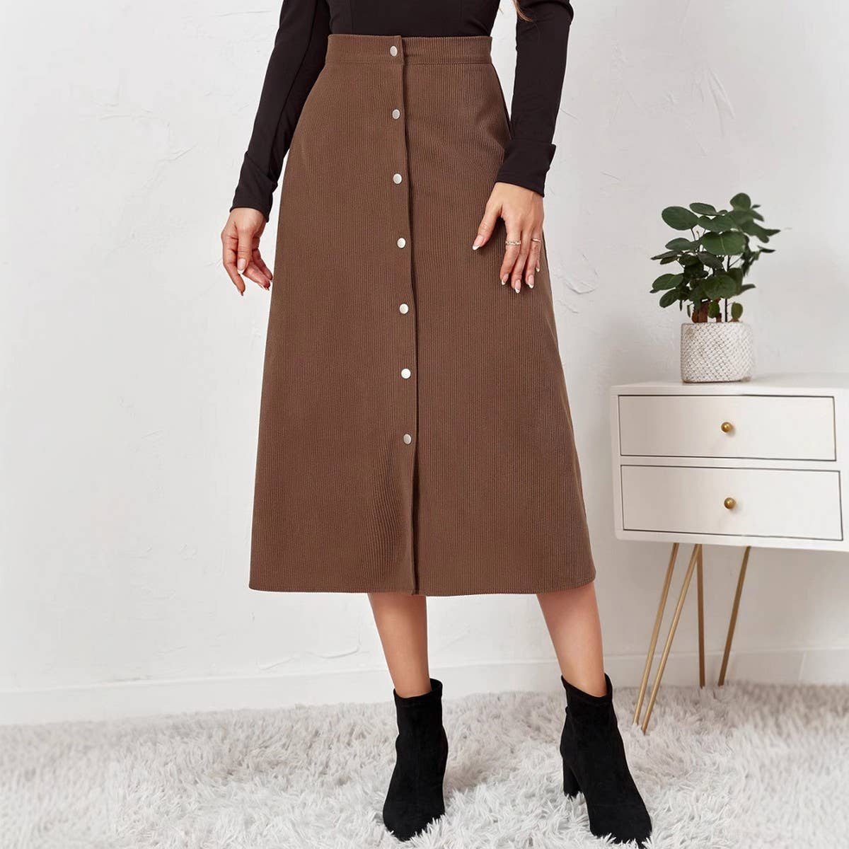 CORDUROY SKIRT SINGLE BREASTED HIGH WAISTLONGSKIRT
