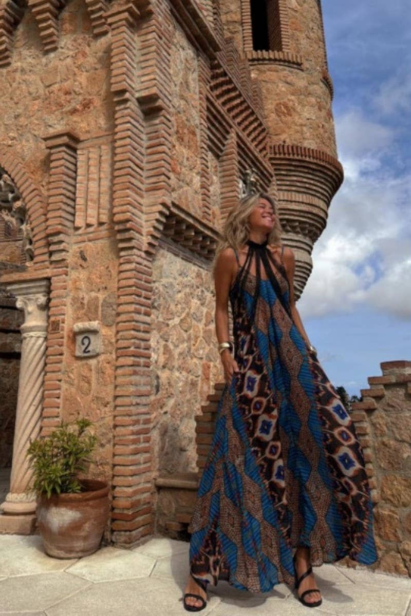 CWDHL0993_NEW SUMMER PRINTED SUSPENDER LONG SKIRT DRESS