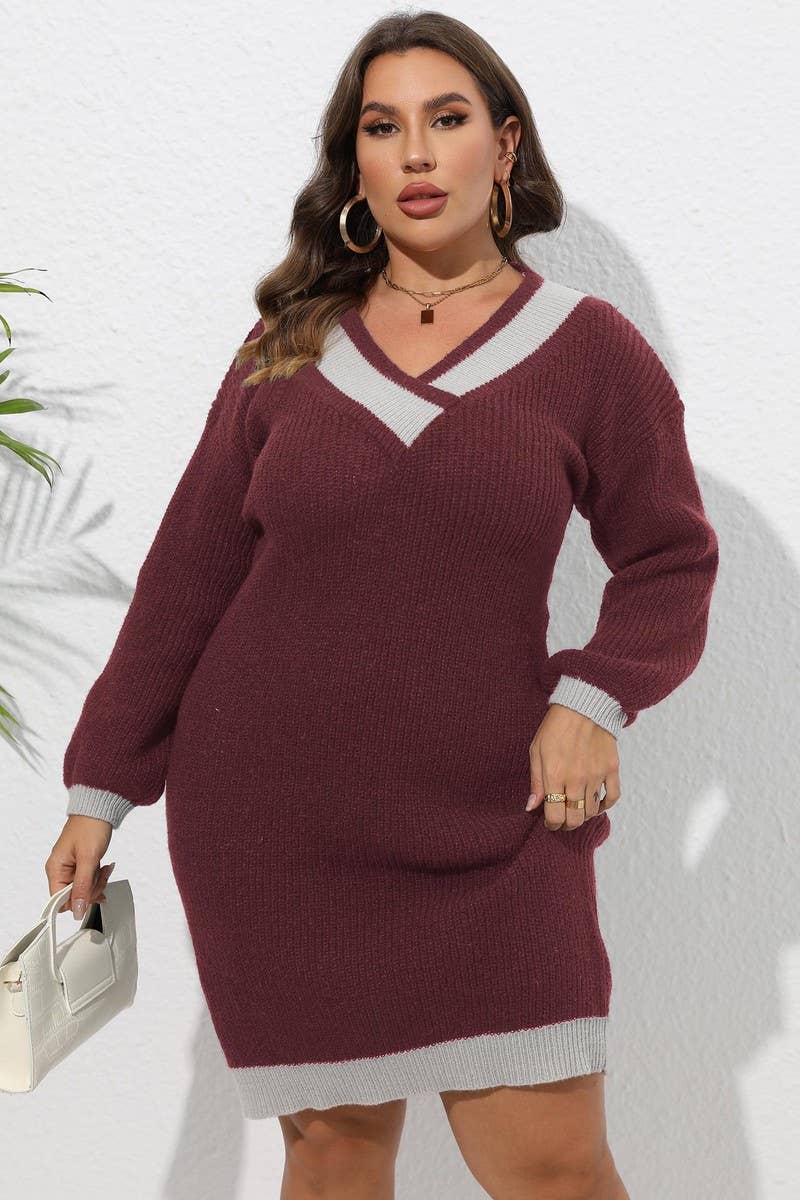 CWOSWL1592_PLUS Size V-Neck Long Sleeve Pullover Sweater
